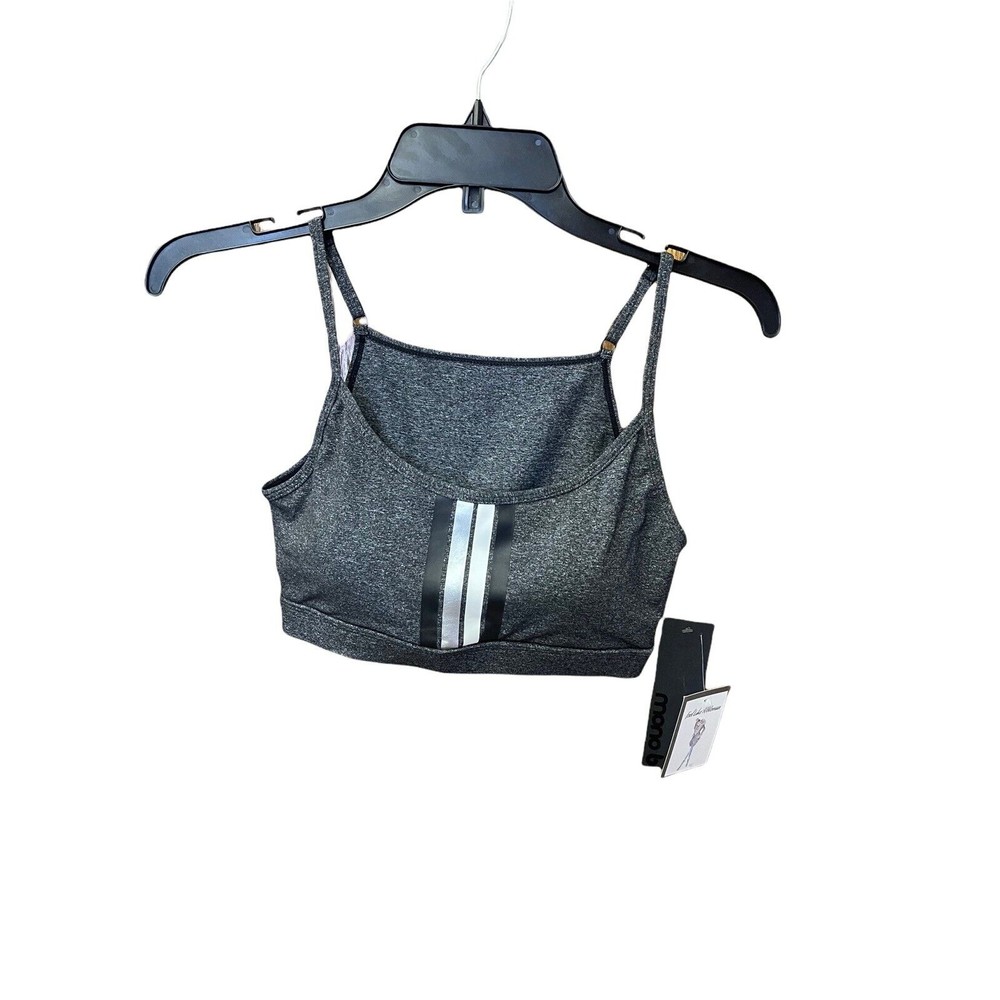 NWT Mono B Black Women’s Sports Bra W/Vinyl Stripes Up Center Lightly Padded